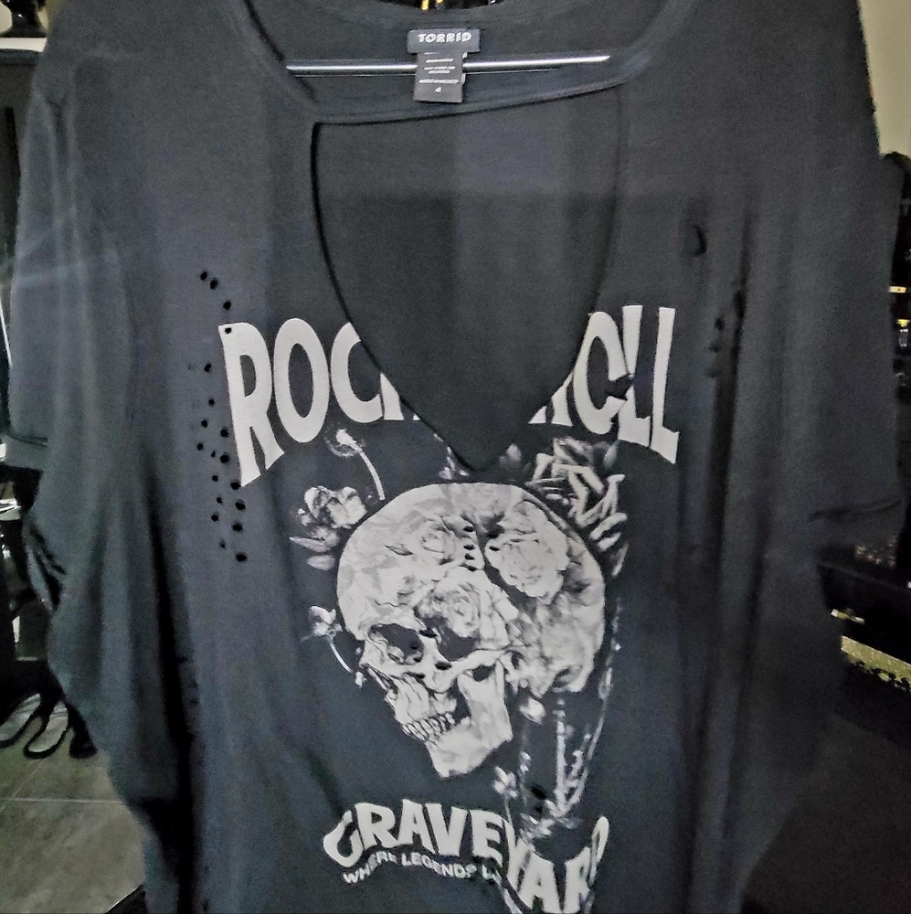 TORRID skull cut out deep v distressed t shirt